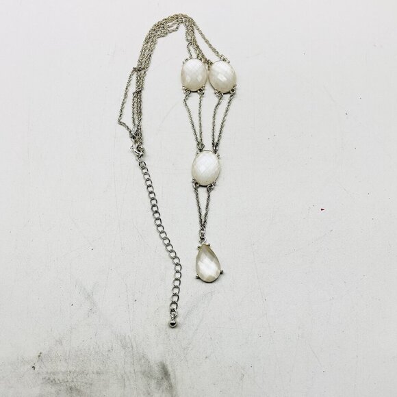 AVON Signed Silver Tone White Oval Cabochon Y Drop Necklace - Picture 2 of 8